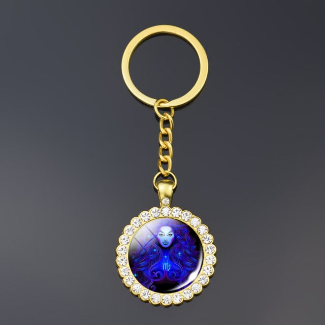 12 Constellation Keychain Fashion Double Side Cabochon Glass Ball Keychain Zodiac Signs Jewelry For Men For Women Birthday Gift