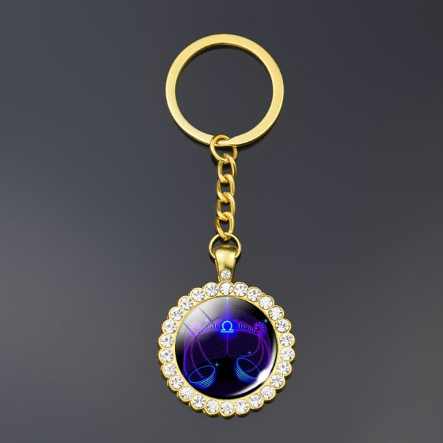 12 Constellation Keychain Fashion Double Side Cabochon Glass Ball Keychain Zodiac Signs Jewelry For Men For Women Birthday Gift