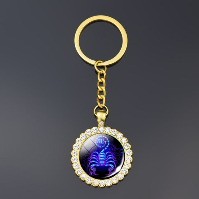 12 Constellation Keychain Fashion Double Side Cabochon Glass Ball Keychain Zodiac Signs Jewelry For Men For Women Birthday Gift