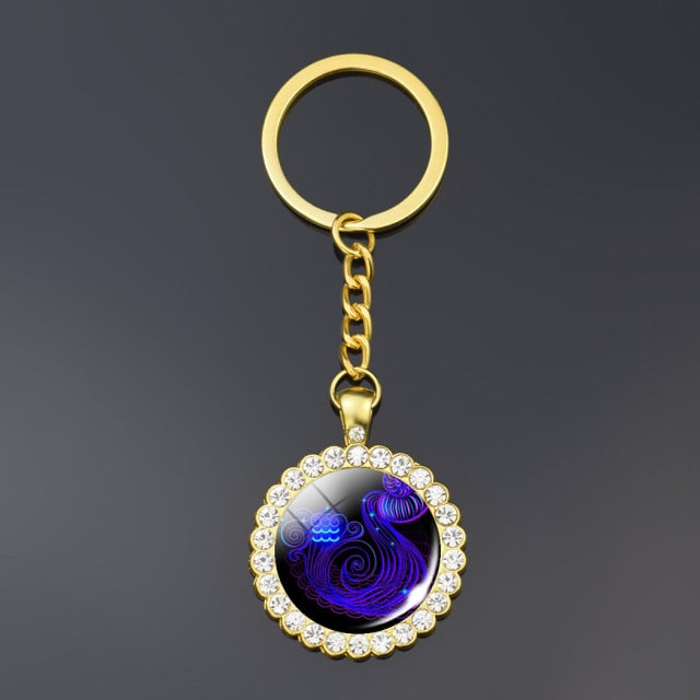 12 Constellation Keychain Fashion Double Side Cabochon Glass Ball Keychain Zodiac Signs Jewelry For Men For Women Birthday Gift