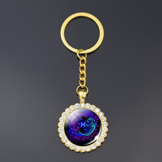 12 Constellation Keychain Fashion Double Side Cabochon Glass Ball Keychain Zodiac Signs Jewelry For Men For Women Birthday Gift