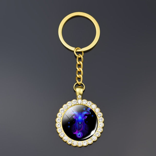 12 Constellation Keychain Fashion Double Side Cabochon Glass Ball Keychain Zodiac Signs Jewelry For Men For Women Birthday Gift
