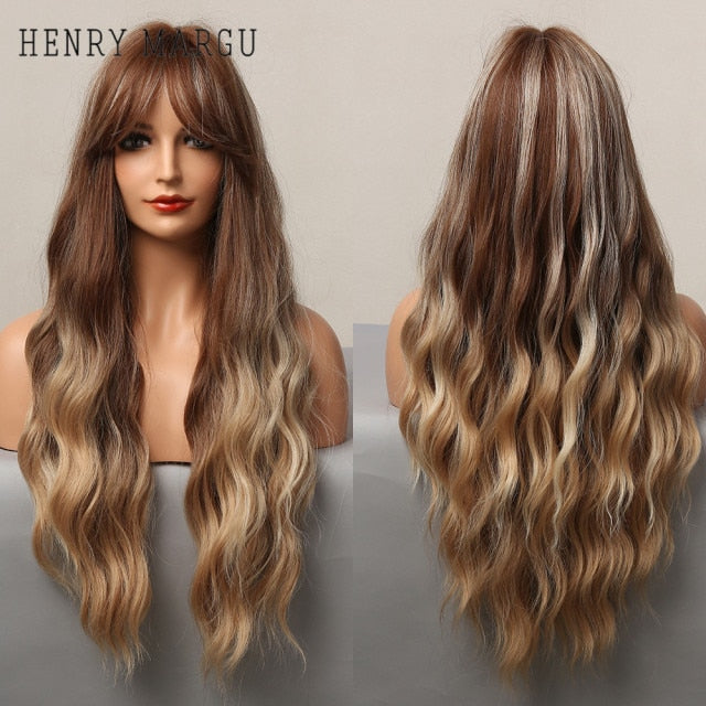 HENRY MARGU Long Natural Wavy Platinum Blonde Wigs with Bangs Cosplay Party Lolita Synthetic Wigs for Women Heat Resistant Fiber