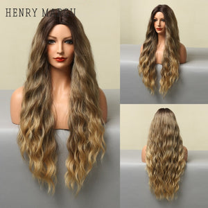 HENRY MARGU Long Natural Wavy Platinum Blonde Wigs with Bangs Cosplay Party Lolita Synthetic Wigs for Women Heat Resistant Fiber
