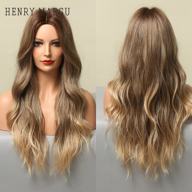 HENRY MARGU Long Natural Wavy Platinum Blonde Wigs with Bangs Cosplay Party Lolita Synthetic Wigs for Women Heat Resistant Fiber