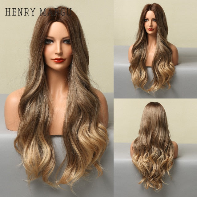 HENRY MARGU Long Natural Wavy Platinum Blonde Wigs with Bangs Cosplay Party Lolita Synthetic Wigs for Women Heat Resistant Fiber