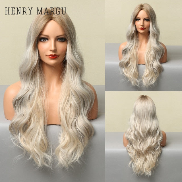 HENRY MARGU Long Natural Wavy Platinum Blonde Wigs with Bangs Cosplay Party Lolita Synthetic Wigs for Women Heat Resistant Fiber