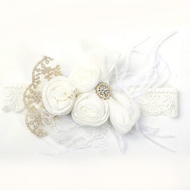 Vintage Flower Headband Baby Girls Headwraps Newborn Photography Props Gifts Lace Elastic Hair Bands Pearl Feather Accessories