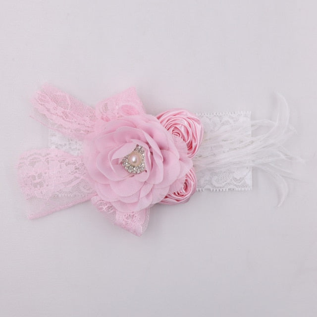 Vintage Flower Headband Baby Girls Headwraps Newborn Photography Props Gifts Lace Elastic Hair Bands Pearl Feather Accessories