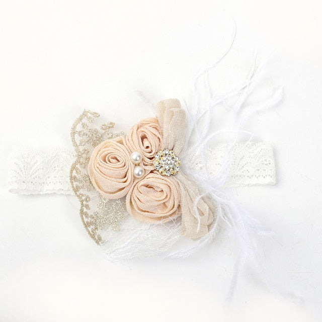 Vintage Flower Headband Baby Girls Headwraps Newborn Photography Props Gifts Lace Elastic Hair Bands Pearl Feather Accessories