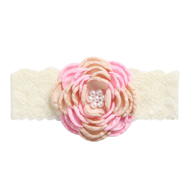 Vintage Flower Headband Baby Girls Headwraps Newborn Photography Props Gifts Lace Elastic Hair Bands Pearl Feather Accessories