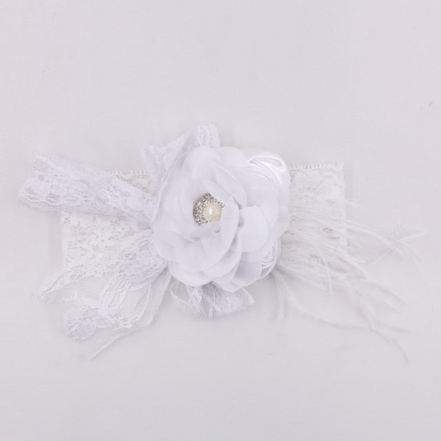 Vintage Flower Headband Baby Girls Headwraps Newborn Photography Props Gifts Lace Elastic Hair Bands Pearl Feather Accessories