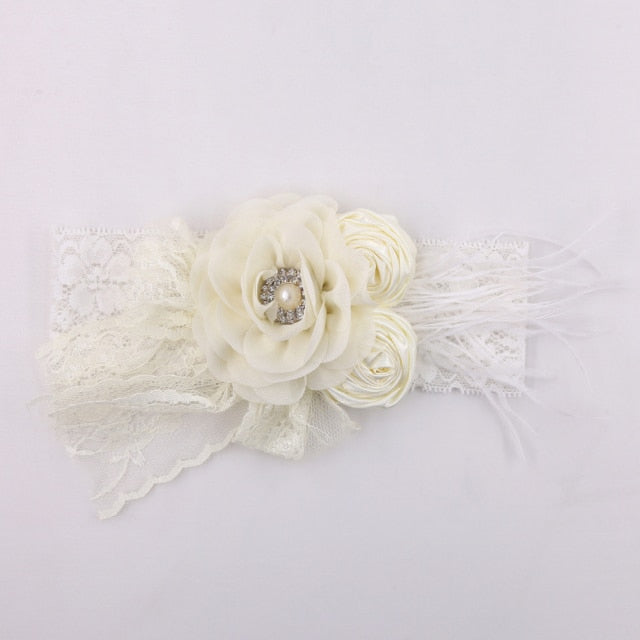 Vintage Flower Headband Baby Girls Headwraps Newborn Photography Props Gifts Lace Elastic Hair Bands Pearl Feather Accessories