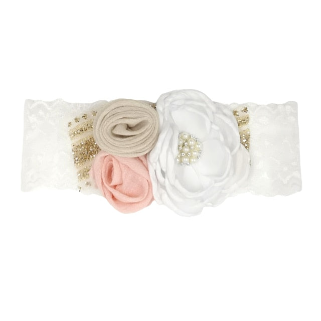 Vintage Flower Headband Baby Girls Headwraps Newborn Photography Props Gifts Lace Elastic Hair Bands Pearl Feather Accessories