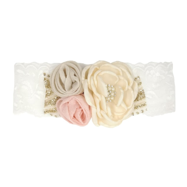 Vintage Flower Headband Baby Girls Headwraps Newborn Photography Props Gifts Lace Elastic Hair Bands Pearl Feather Accessories