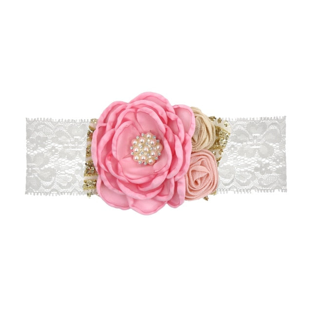 Vintage Flower Headband Baby Girls Headwraps Newborn Photography Props Gifts Lace Elastic Hair Bands Pearl Feather Accessories