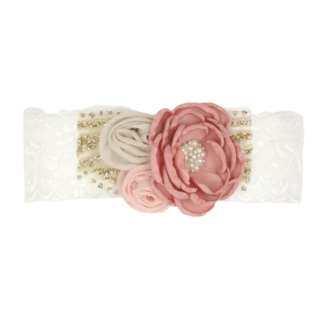 Vintage Flower Headband Baby Girls Headwraps Newborn Photography Props Gifts Lace Elastic Hair Bands Pearl Feather Accessories