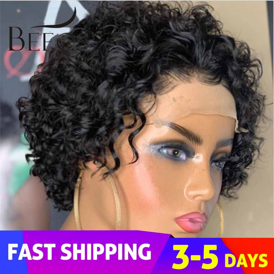 Beeos 250% Pixie Cut Short Curly Wig 4*4 Closure Lace Human Hair Wigs Brazilian Remy 8"Inch Human Hair PrePlucked With Baby Hair