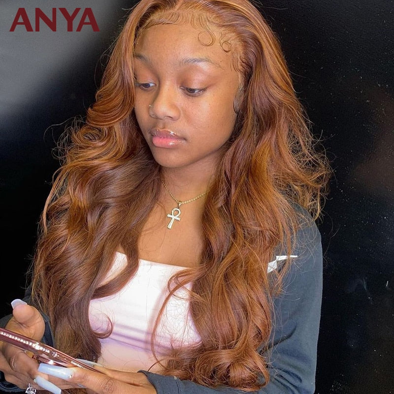 13X4 Orange Brown Colored Body Wave Lace Front Wig Pre Plucked Transparent Lace Human Hair Wigs 4X4 Closure Wig Anya Wig