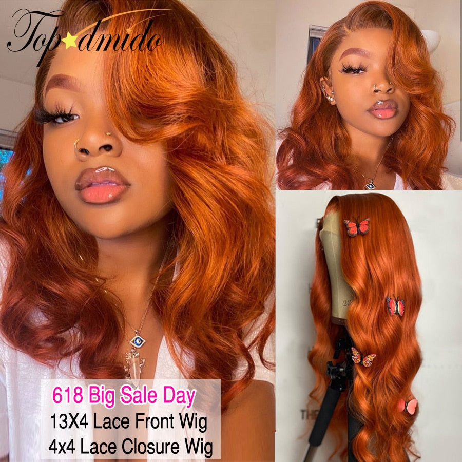 Orange Ginger Color 13x4 Lace Front Wigs Pre Plucked Brazilian Wavy Human Hair Wig 180% Density Remy Glueless Lace Wig for Women