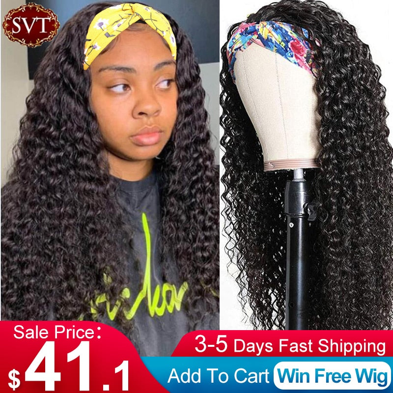 SVT Indian Deep Wave Headband Wig Human Hair Wig 26 Inch Human Remy Hair Scarf Wig Glueless Deep Curly Wig Headbands For Women