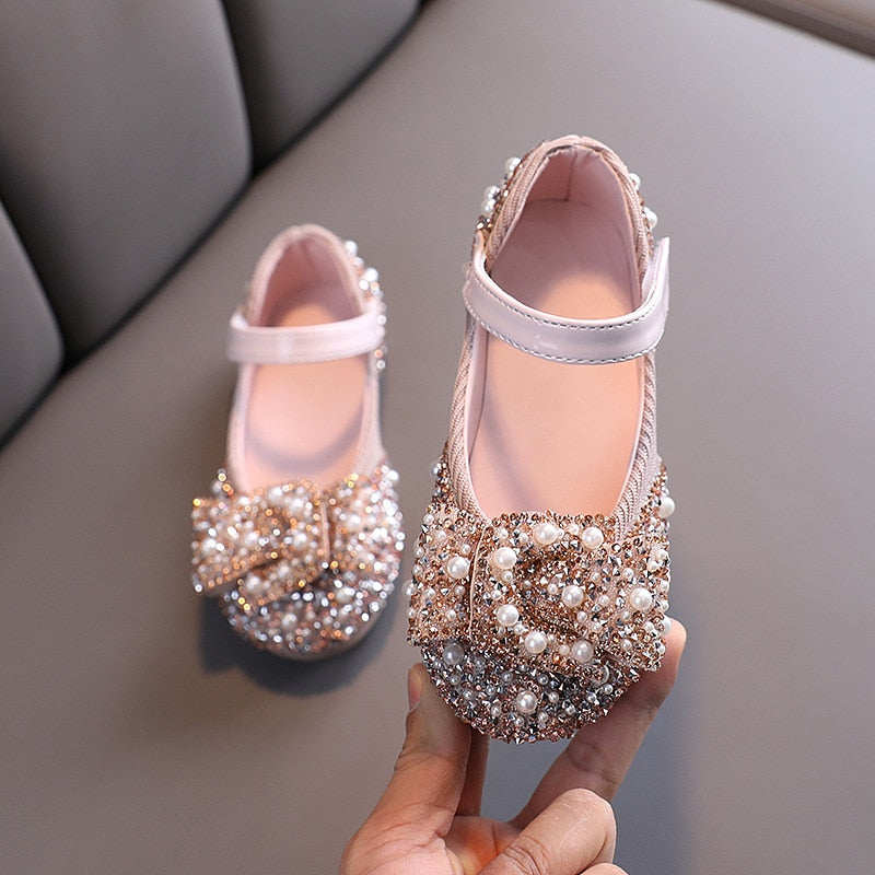 2021 New Childrens Shoes Pearl Rhinestones Shining Kids Princess Shoes Baby Girls Shoes For Party and Wedding D487