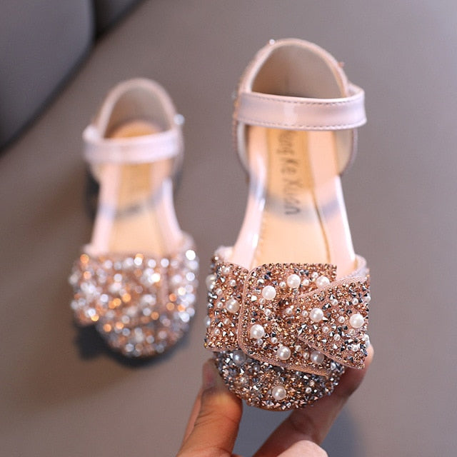 2021 New Childrens Shoes Pearl Rhinestones Shining Kids Princess Shoes Baby Girls Shoes For Party and Wedding D487