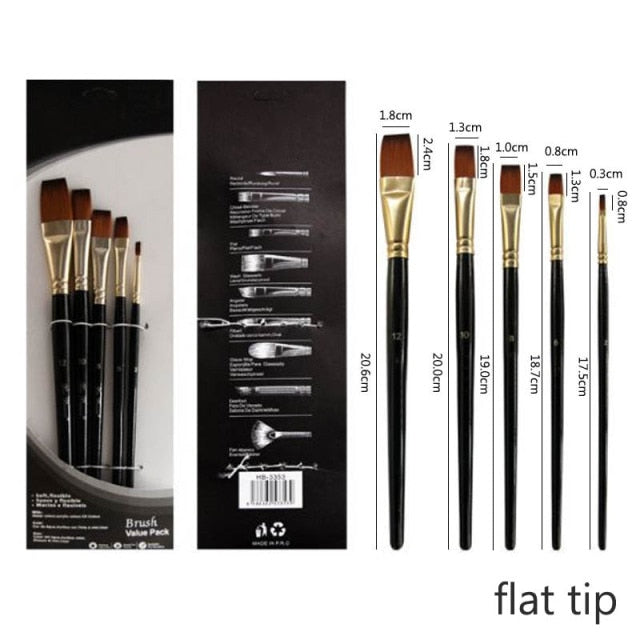 5Pcs/6pcs Artist Paint Brush Set High Quality Nylon Hair Wood Black Handle Watercolor Acrylic Oil Brush Painting Art Supplies
