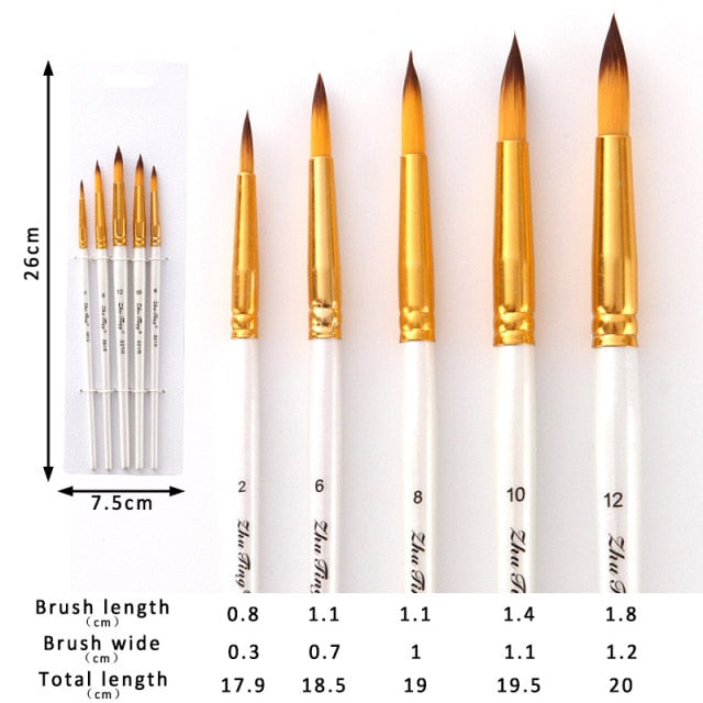 5Pcs/6pcs Artist Paint Brush Set High Quality Nylon Hair Wood Black Handle Watercolor Acrylic Oil Brush Painting Art Supplies
