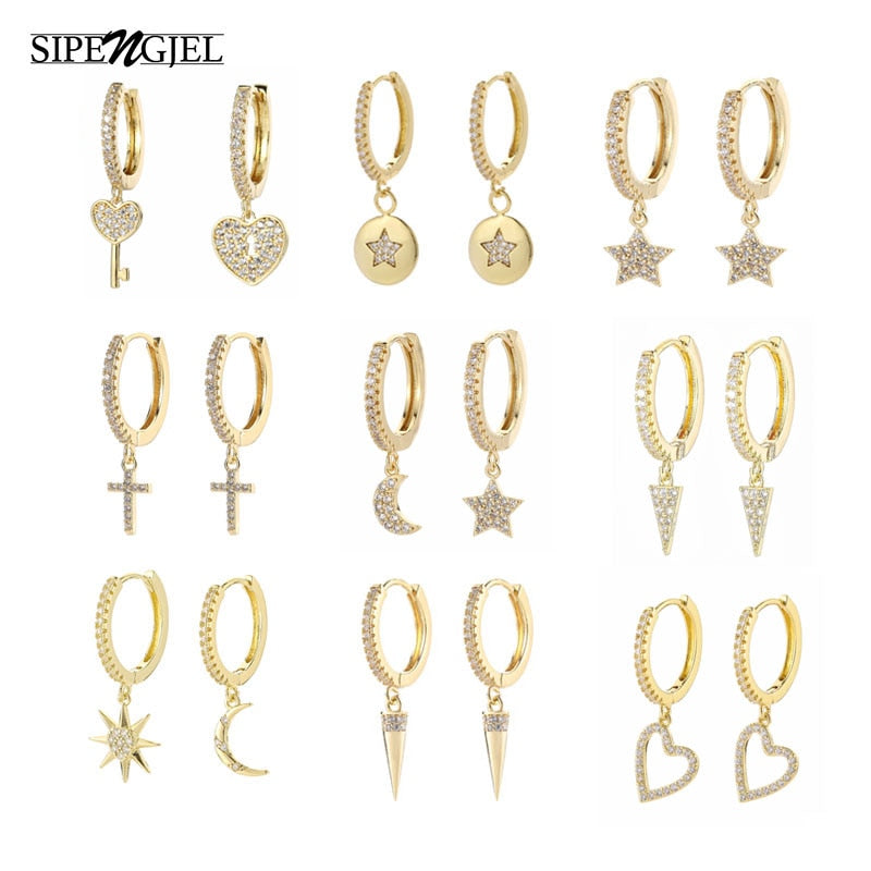 SIPENGJEL Fashion Zircon Pendant Hoop Earrings Geometric Cross Star Moon Drop Earrings For Women Jewelry 2021 aretes pendiente