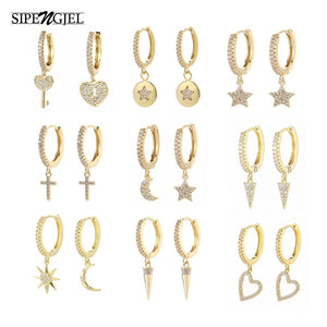 SIPENGJEL Fashion Zircon Pendant Hoop Earrings Geometric Cross Star Moon Drop Earrings For Women Jewelry 2021 aretes pendiente