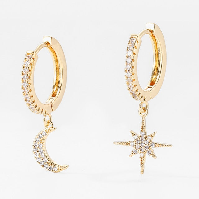 SIPENGJEL Fashion Zircon Pendant Hoop Earrings Geometric Cross Star Moon Drop Earrings For Women Jewelry 2021 aretes pendiente