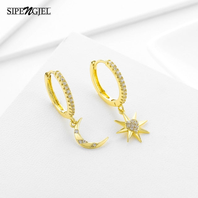 SIPENGJEL Fashion Zircon Pendant Hoop Earrings Geometric Cross Star Moon Drop Earrings For Women Jewelry 2021 aretes pendiente