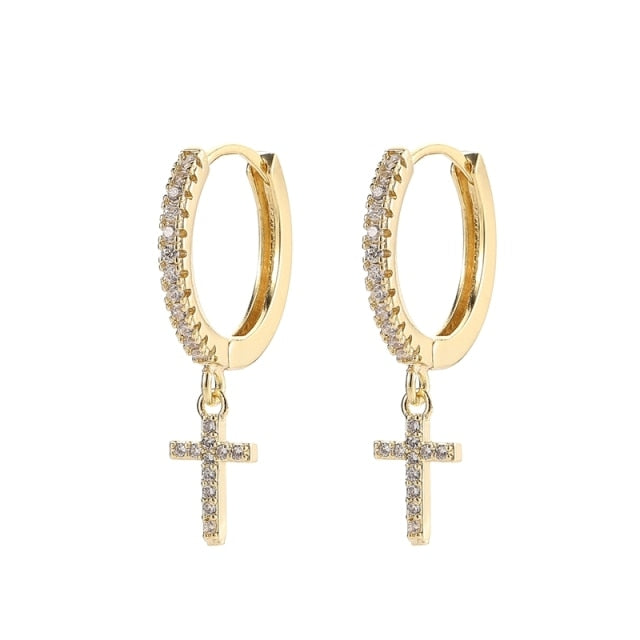 SIPENGJEL Fashion Zircon Pendant Hoop Earrings Geometric Cross Star Moon Drop Earrings For Women Jewelry 2021 aretes pendiente