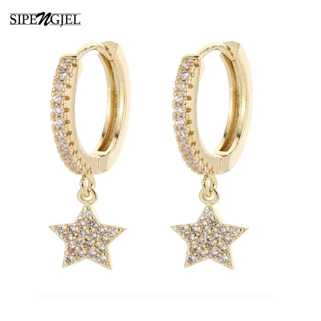 SIPENGJEL Fashion Zircon Pendant Hoop Earrings Geometric Cross Star Moon Drop Earrings For Women Jewelry 2021 aretes pendiente