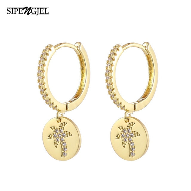 SIPENGJEL Fashion Zircon Pendant Hoop Earrings Geometric Cross Star Moon Drop Earrings For Women Jewelry 2021 aretes pendiente