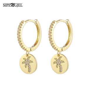 SIPENGJEL Fashion Zircon Pendant Hoop Earrings Geometric Cross Star Moon Drop Earrings For Women Jewelry 2021 aretes pendiente