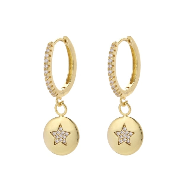 SIPENGJEL Fashion Zircon Pendant Hoop Earrings Geometric Cross Star Moon Drop Earrings For Women Jewelry 2021 aretes pendiente