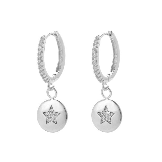 SIPENGJEL Fashion Zircon Pendant Hoop Earrings Geometric Cross Star Moon Drop Earrings For Women Jewelry 2021 aretes pendiente