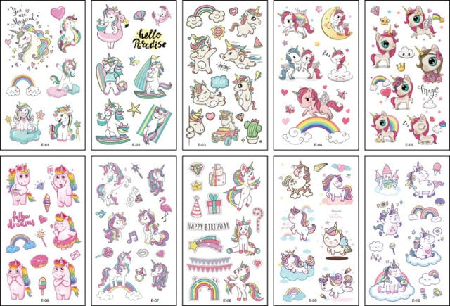 10 Sheets/Set Children Cute Cartoon Unicorn Temporary Tattoo Stickers Baby Shower Kids Body Makeup Sticker Tattoos Football