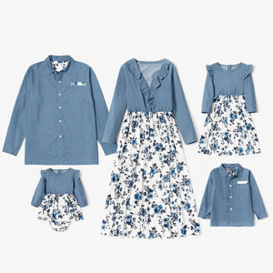 PatPat 2021 Hot Sale Summer And Spring Mosaic Cotton Family Matching Floral Sets Flounce Tank Dresses And Denim Tops Family Look