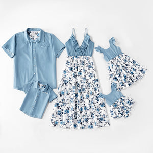 PatPat 2021 Hot Sale Summer And Spring Mosaic Cotton Family Matching Floral Sets Flounce Tank Dresses And Denim Tops Family Look